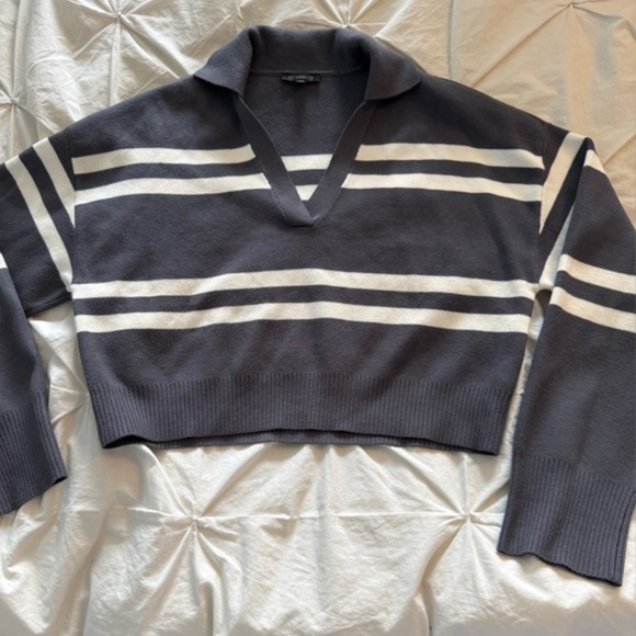 Dynamite Cropped Striped V-Neck collar POLO Grey & White Sweater XS - Picture 2 of 5